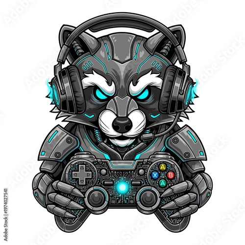 Cyborg raccoon gamer with glowing blue eyes and headset holding a video game controller