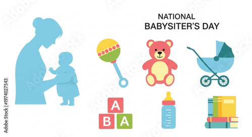 National babysitter's day icons with baby care items and toys on white background
