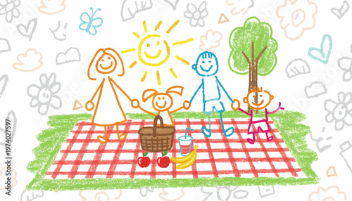 Happy family having outdoor picnic with dog on red plaid blanket under sunny sky