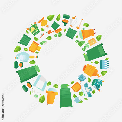Sustainable living and eco-friendly household essentials arranged in a vibrant circular design promoting green environmental care