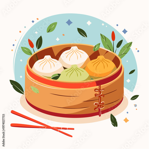 Vibrant Illustration of Flavorful Dim Sum Dumplings Prepared in a Classic Steamer Basket with Chopsticks