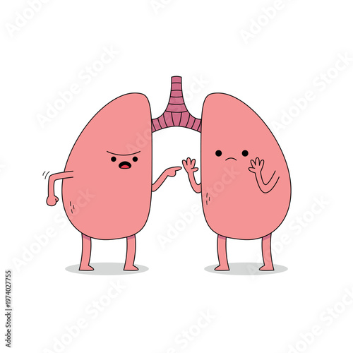 Cute lung organ cartoon character arguing pointing and scared doodle