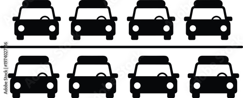 Row of cars in parking lot flat vector illustration isolated on white background, urban traffic and transportation icon for city planning.