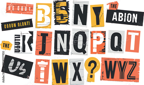 Ransom letter style alphabet with cut out newspaper and magazine characters on transparent background. vector illustration