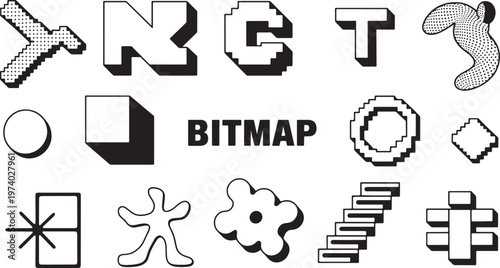 Bitmap retro pixel art alphabet letters and geometric shapes collection with halftone textures and 3d shadow effects. vector illustration