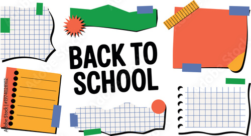 Back to school concept with various paper notes, ruler, and tape on transparent background. vector illustration