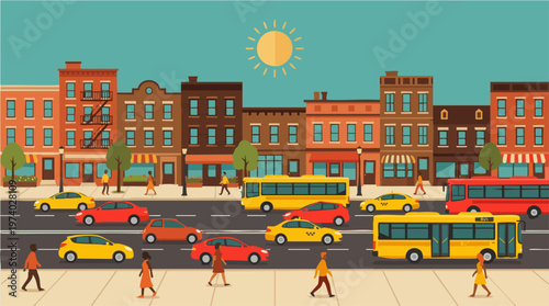 Side Profile Busy Day City Avenue Vector