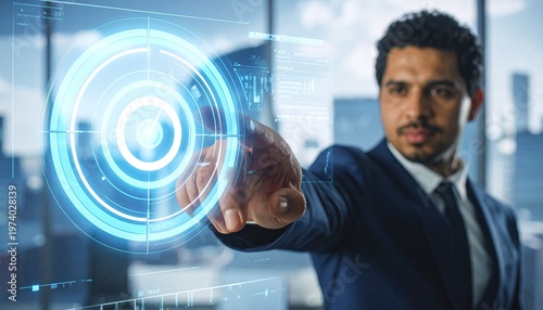 Man in suit interacting with futuristic holographic interface, future technology, innovation