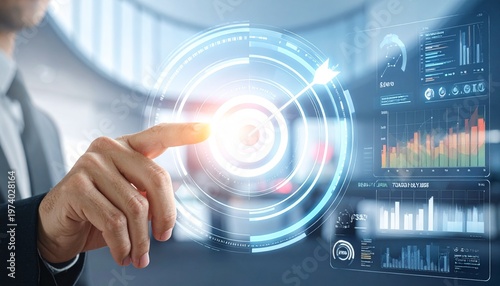 Businessman touching a futuristic holographic display showing a target and data analytics for strategic business growth