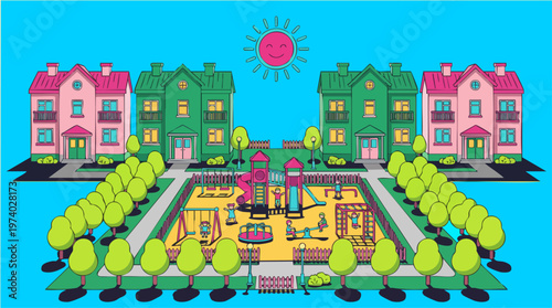 Symmetrical Day City Residential Area Vector