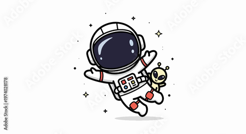 Astronaut Floating in Space Holding a Cute Green Alien Friend.
