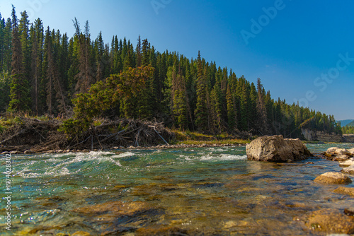 Scenic summer landscape of Elbow Falls in Kananaskis Country, Alberta, Canada. Beautiful waterfall cascading over rocky cliffs into the Elbow River with evergreen pine forest and blue sky Canada