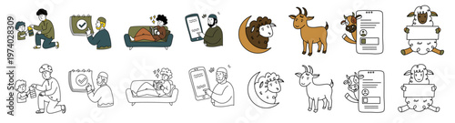 illustration of islamic traditions during eid al adha including prayer and livestock