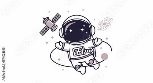 Astronaut Floating in Space Near Satellite and Galaxy Illustration.