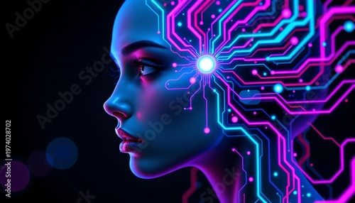 Futuristic Digital Human Profile with Neon Circuitry