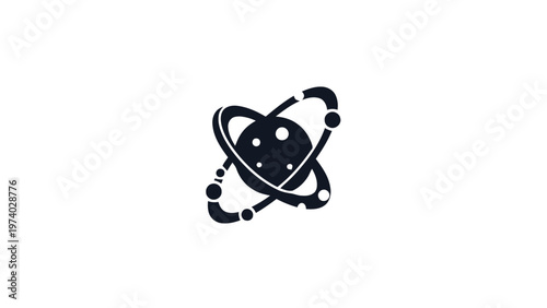 Black and White Atomic Structure Icon on White Background.