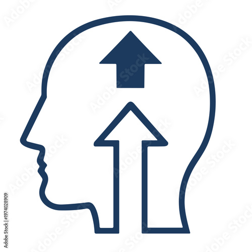 Icon of a human head profile with upward arrows representing growth, learning, or mental development