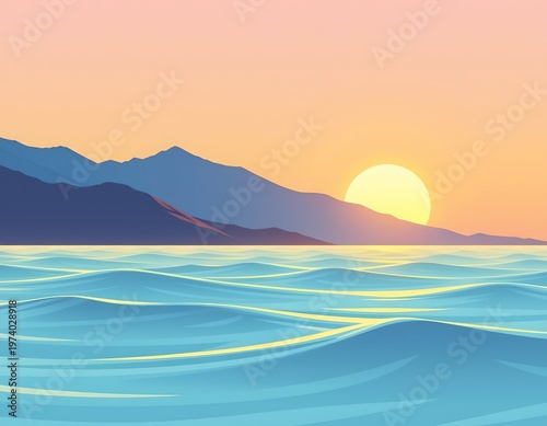 Sunrise Coastal Landscape with Gentle Waves and Mountain Silhouette