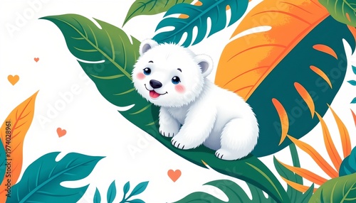 Playful Polar Bear Cub Vibrant Tropical Leaf