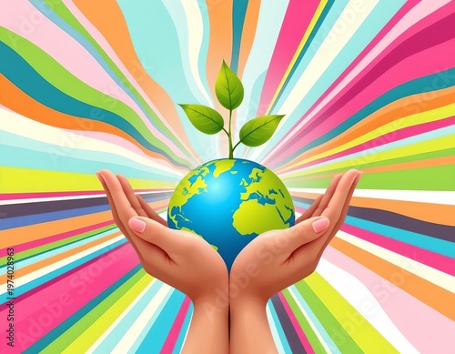 Growing Earth Caring Hands Amid Vibrant Patterns