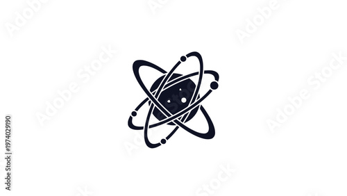 Black and white atomic structure illustration on white background.