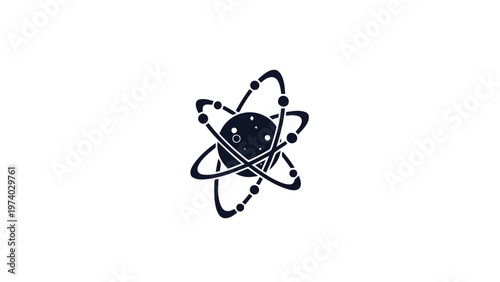 Black and white illustration of an atom, representing science and technology.