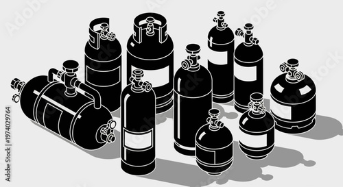 Collection of gas cylinders and tanks.