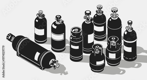 Collection of oxygen gas cylinders.