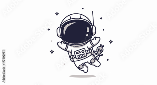 Astronaut Floating in Space with Alien Friend, Cartoon Illustration.