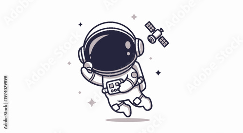 Astronaut Floating in Space with Satellite and Stars Illustration.