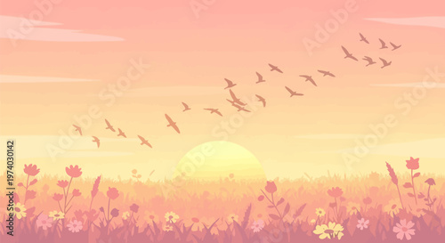 Serene sunset landscape with birds flying over a vibrant field of colorful flowers at dusk warm light