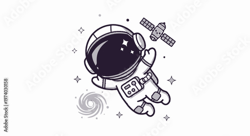 Astronaut Floating in Space with Satellite and Stars Illustration.