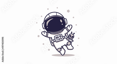 Astronaut Floating in Space with Cartoon Alien Friend.