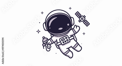 Astronaut Floating in Space with Satellite and Water Bottle.