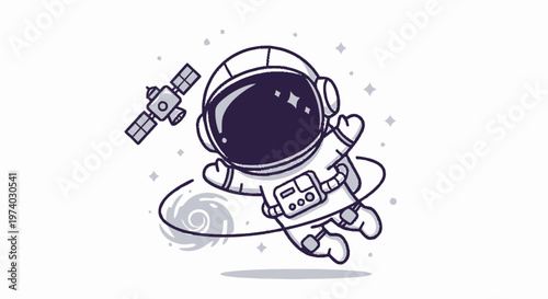 Astronaut Floating in Space with Satellite, Cartoon Illustration.