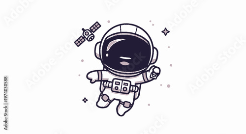 Astronaut Floating in Space with Satellite, Cartoon Style Illustration.