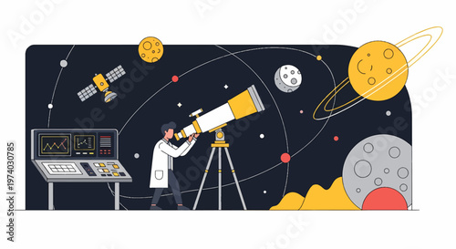 Astronomer Observing Celestial Bodies Through a Powerful Telescope in Space.