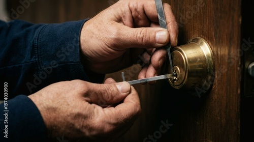 Professional locksmith inserting key into brass door lock in close-up detail