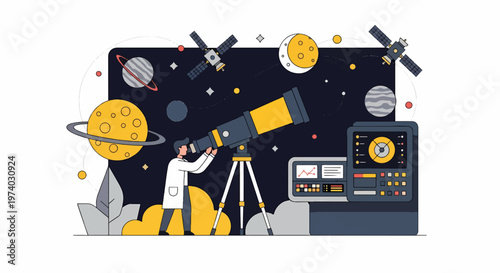 Astronomer Observing Celestial Bodies Through Telescope in Space.