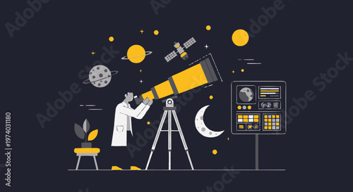 Astronomer Observing Celestial Bodies Through a Telescope at Night.