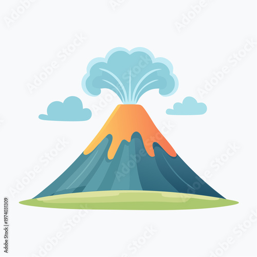 Illustration of a volcano erupting with smoke and lava, set against a cloudy sky