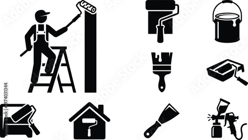 Professional House Painting and Home Renovation Icon Set Featuring Painter on Ladder, Rollers, Brushes, and Construction Tools for Interior Remodeling and Maintenance Services