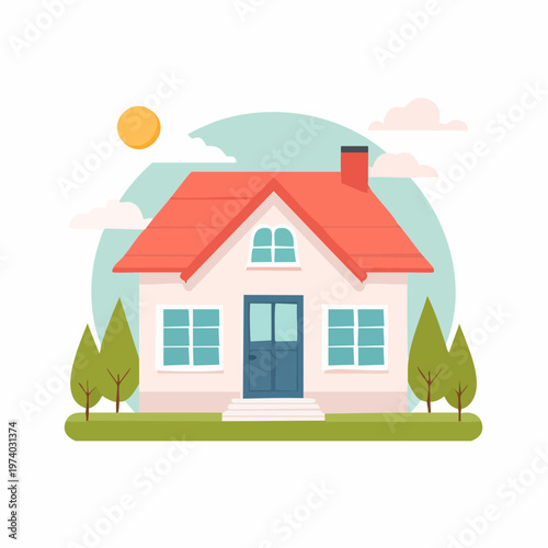 Vector illustration of a charming single-family home with a red roof and green trees