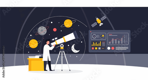 Astronomer Observing Celestial Bodies Through Telescope in Space.