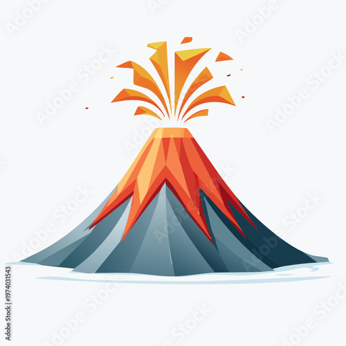 Stylized vector illustration of a vibrant geometric volcano erupting with fiery lava and ash, a powerful natural spectacle