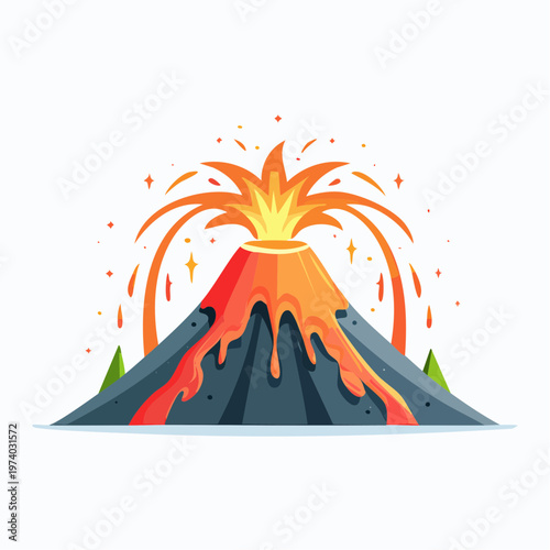 Illustration of a volcano erupting with lava and fire spewing out from the crater