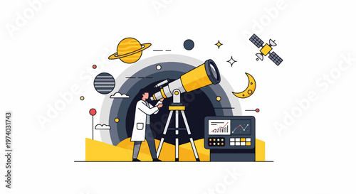 Astronomer Observing Celestial Bodies Through a Telescope Illustration.