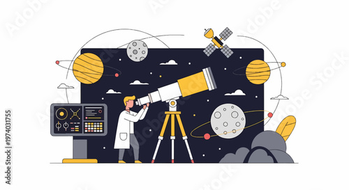Astronomer Observing Celestial Bodies Through a Powerful Telescope.