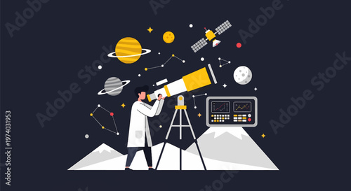 Astronomer Observing Celestial Bodies Through Telescope in Space.