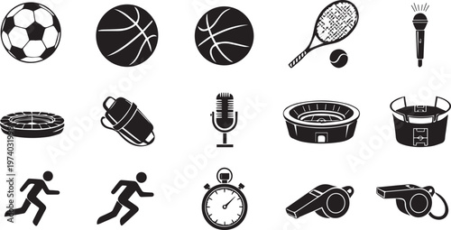 Sports Equipment and Activity Icons Set Black and White Vector Illustration